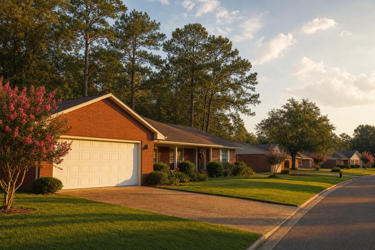 Brick ranch home in Tupelo, Mississippi with a white two-car garage door at golden hour