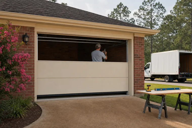 New garage door sections seated in the tracks during installation at a Tupelo brick home