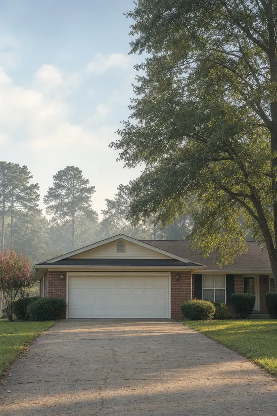 One-story brick home with a white garage door on a hazy Mississippi morning